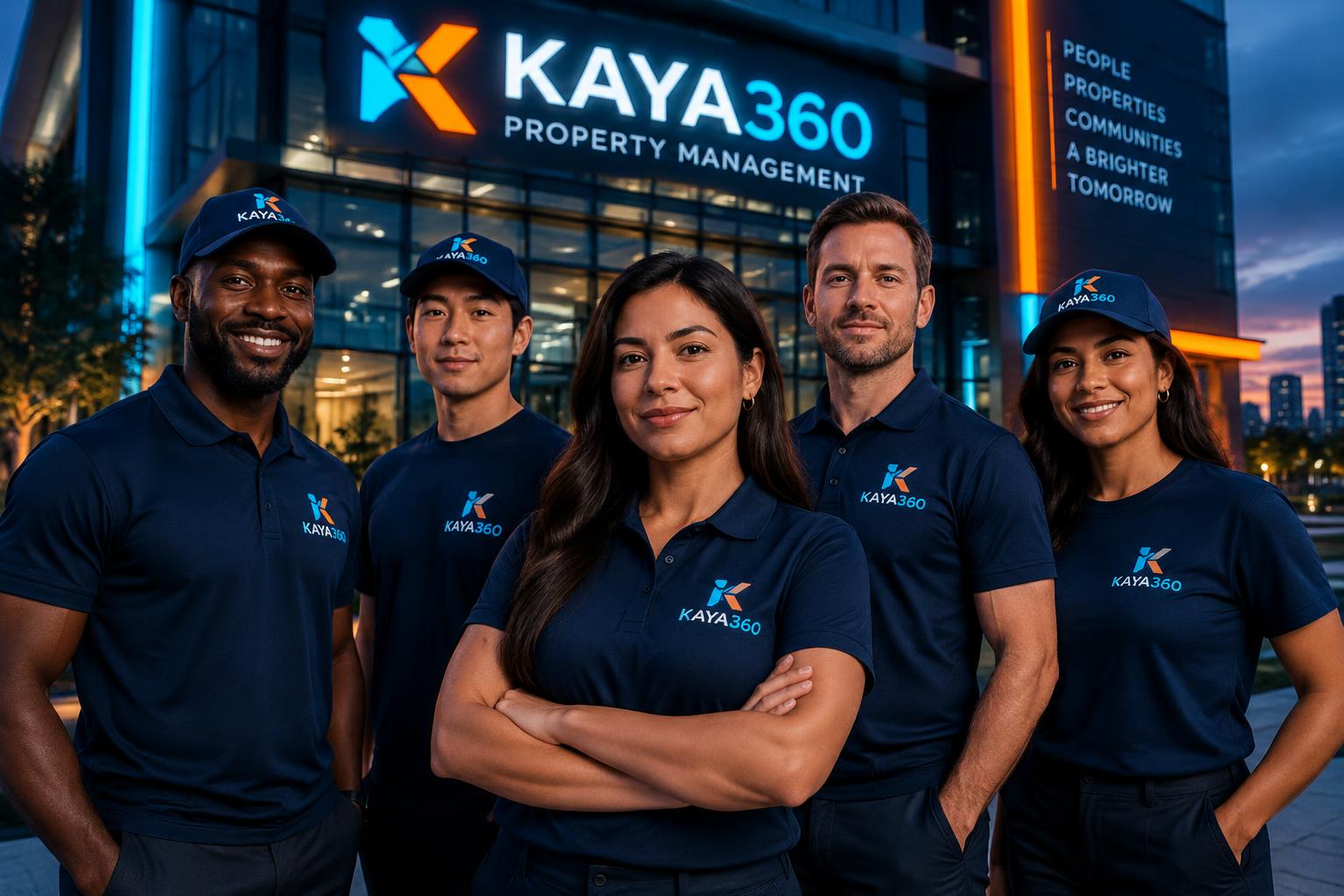 Équipe KAYA360 devant un immeuble et un véhicule aux couleurs KAYA360